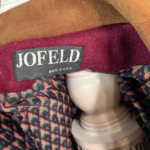 Vintage Jofeld Long Wool Coat Overcoat Burgundy Tan Suede Collar Size Large - Picture 5 of 8